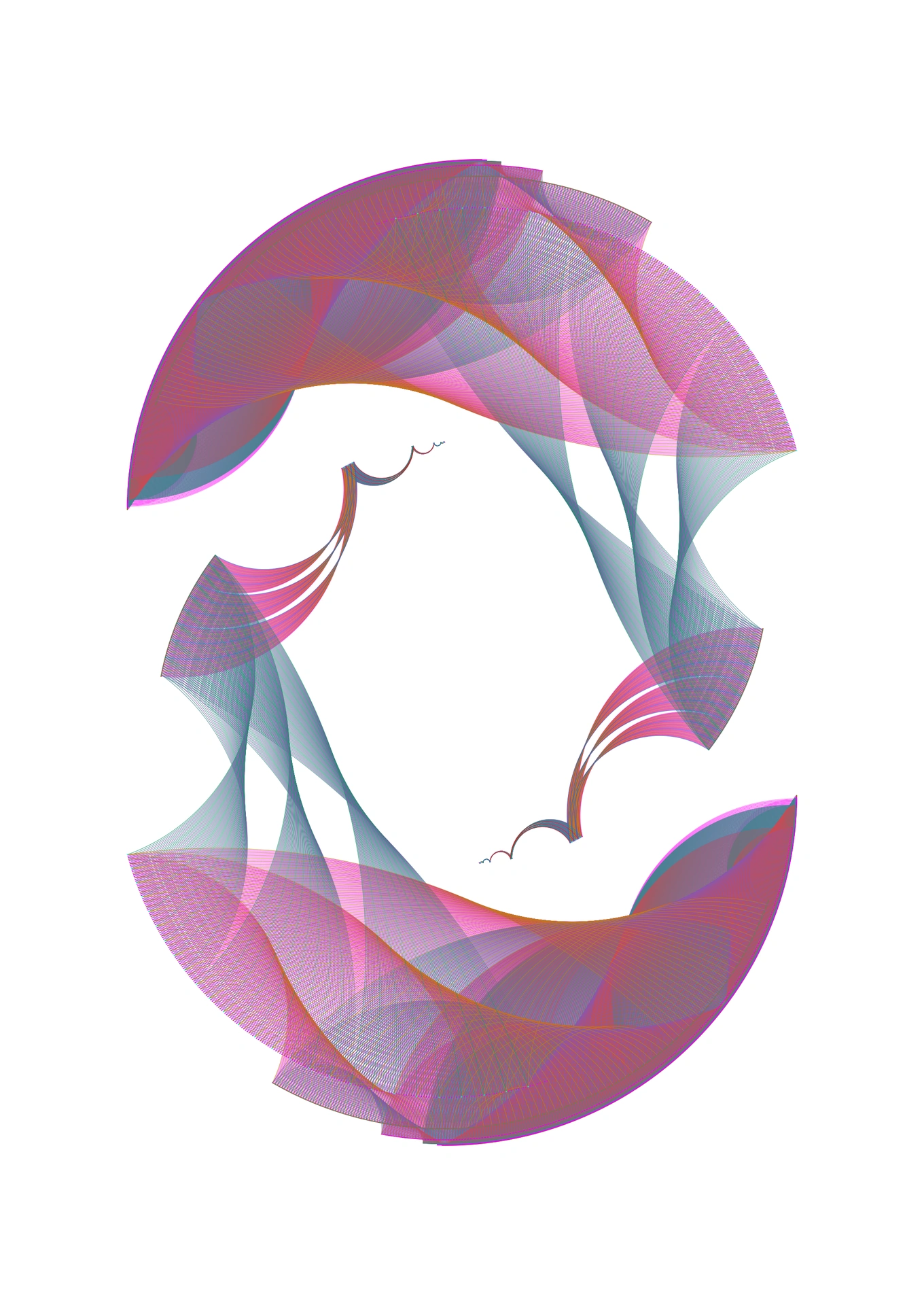 Two coloured Bruhat–Tits tree compositions, one turned halfway around, facing each other.